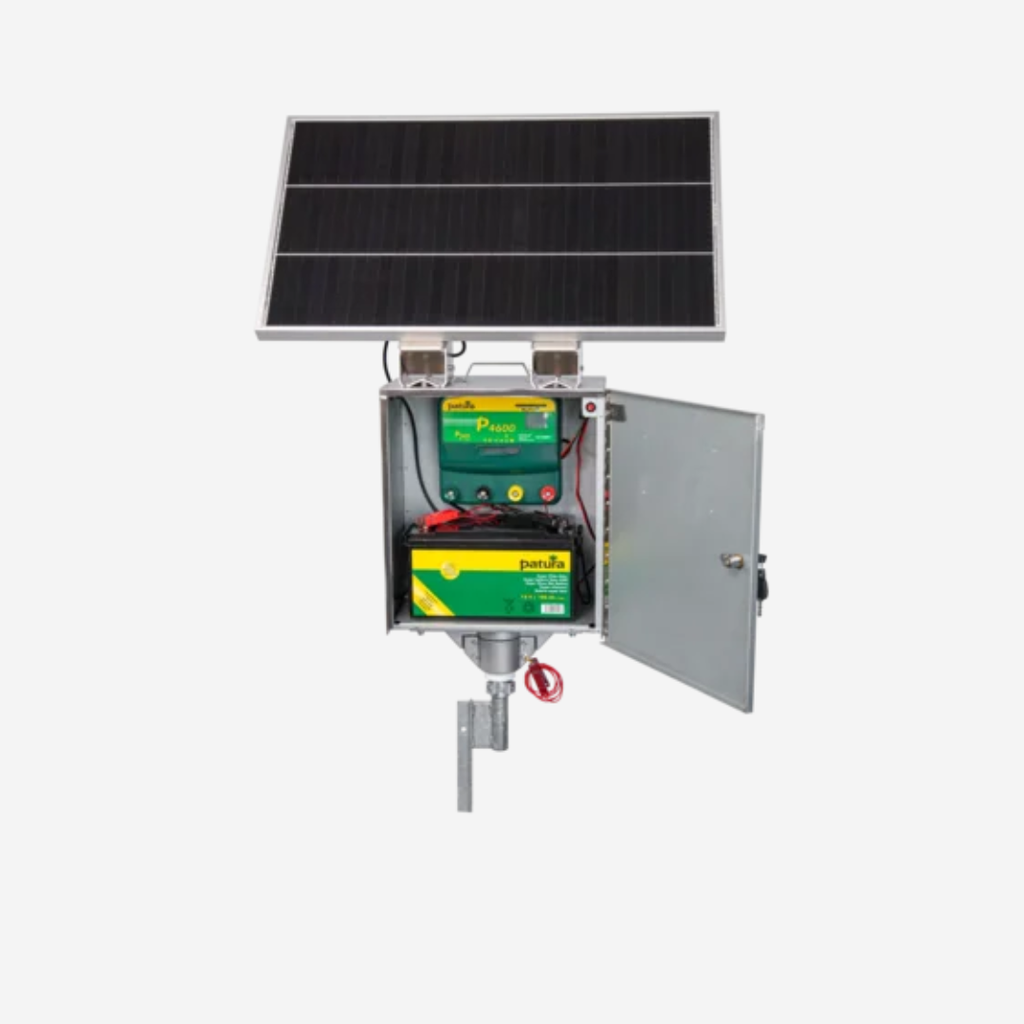 P4600 mit Sicherheitsbox, Erdstab, Super-Vlies-Akku 100 Ah und Solarmodul 80W