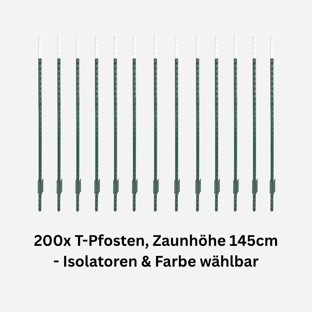Set 200x T-Pfosten 182 cm, Zaunhöhe ca. 145 cm, mit Isolatoren, 3-reihig