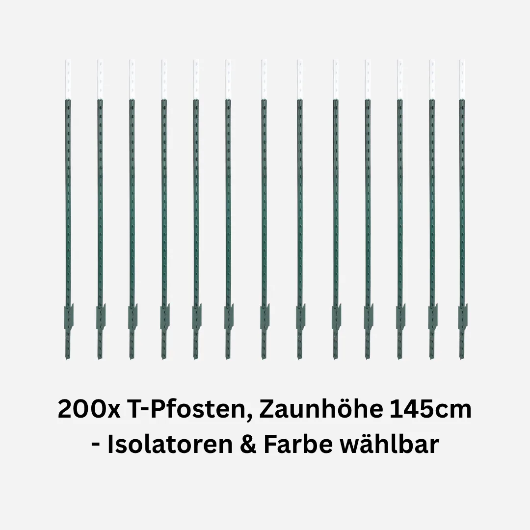 Set 200x T-Pfosten 182 cm, Zaunhöhe ca. 145 cm, mit Isolatoren, 3-reihig
