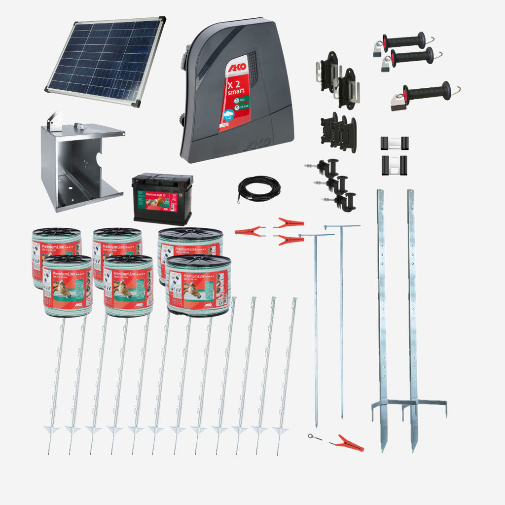 Pferdezaun Solar Set smart, drei Reihen, ein Tor, Kunststoffpfähle