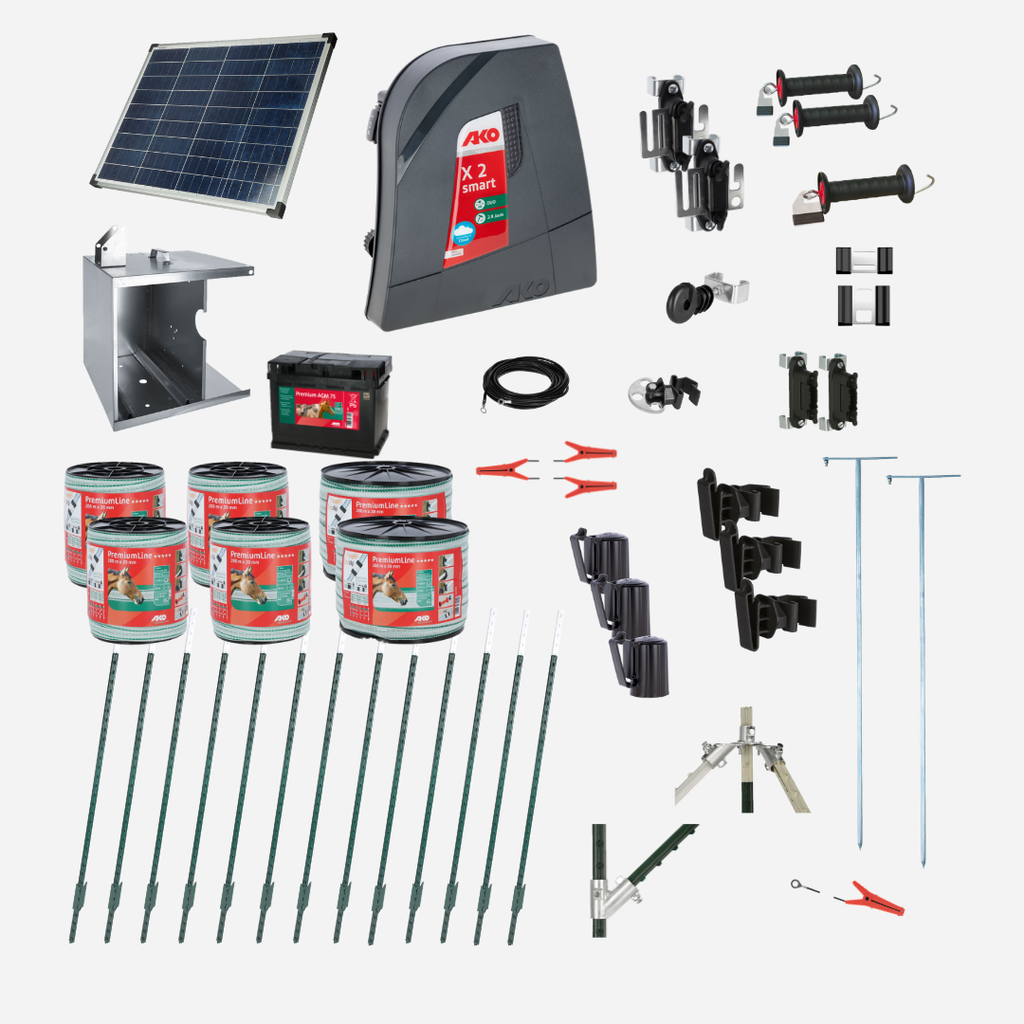 Pferdezaun Solar Set smart, drei Reihen, ein Tor, T-Pfosten