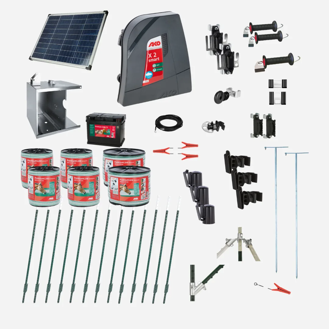 Pferdezaun Solar Starterset für Pferde/Ponys, drei Reihen, ein Tor, T-Pfosten