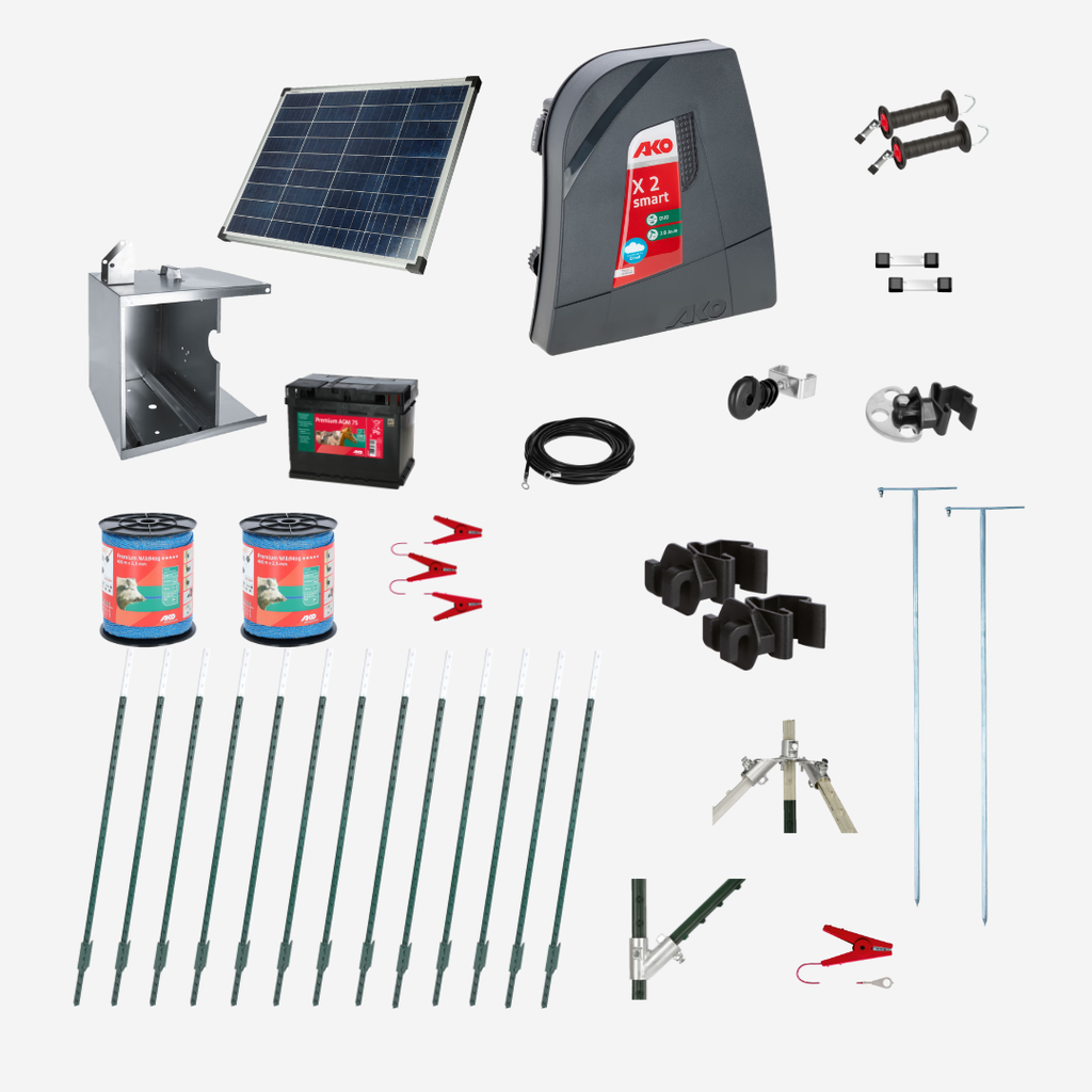 Rinderzaun Solar Set smart, zwei Reihen, ein Tor, T-Pfosten
