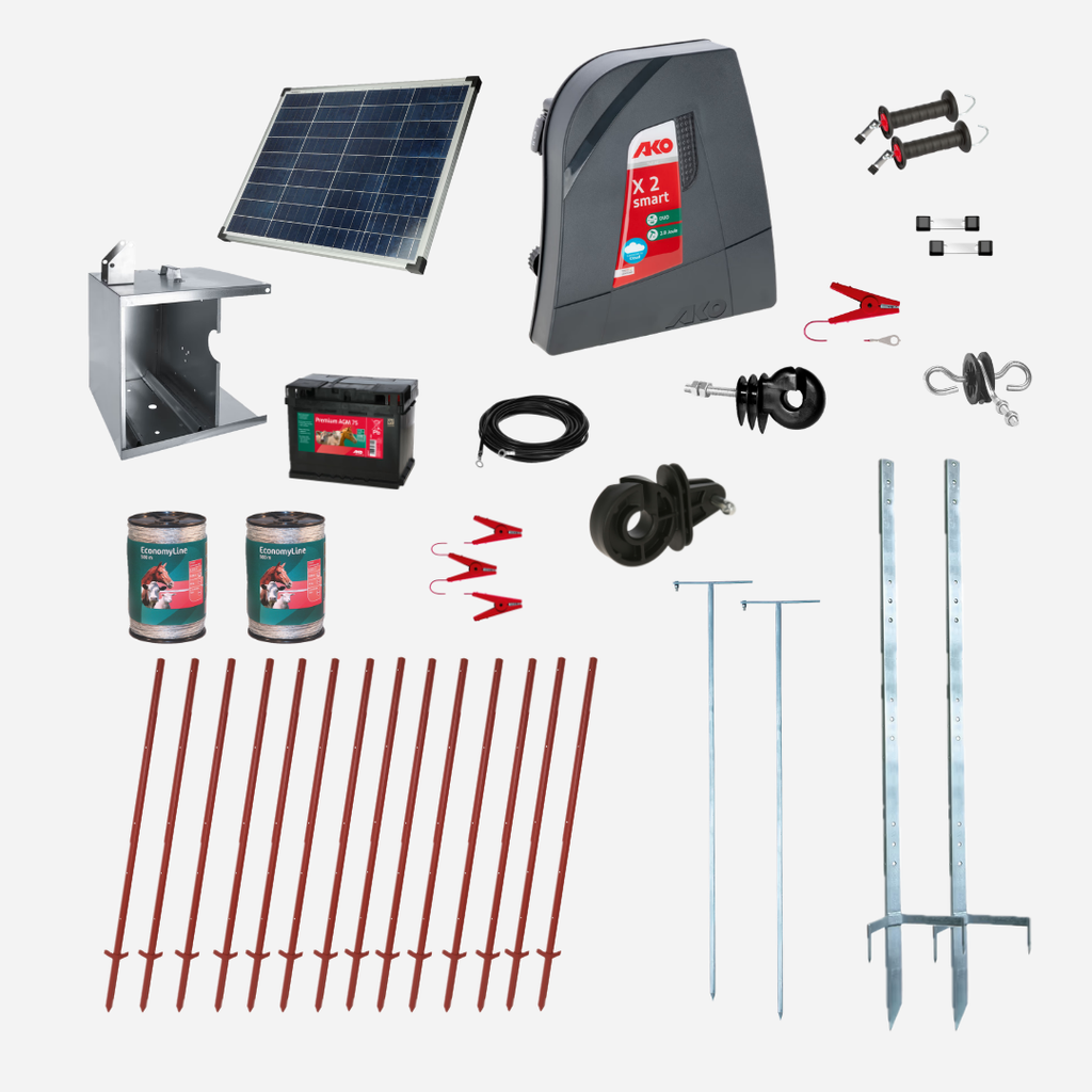 Rinderzaun Solar Set, zwei Reihen, ein Tor, Winkelstahlpfähle