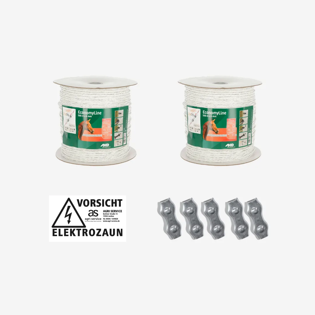 2x Weidezaunseil 500, 6mm, 6x0,20 Niro, Inkl. X Verbinder & Warnschild