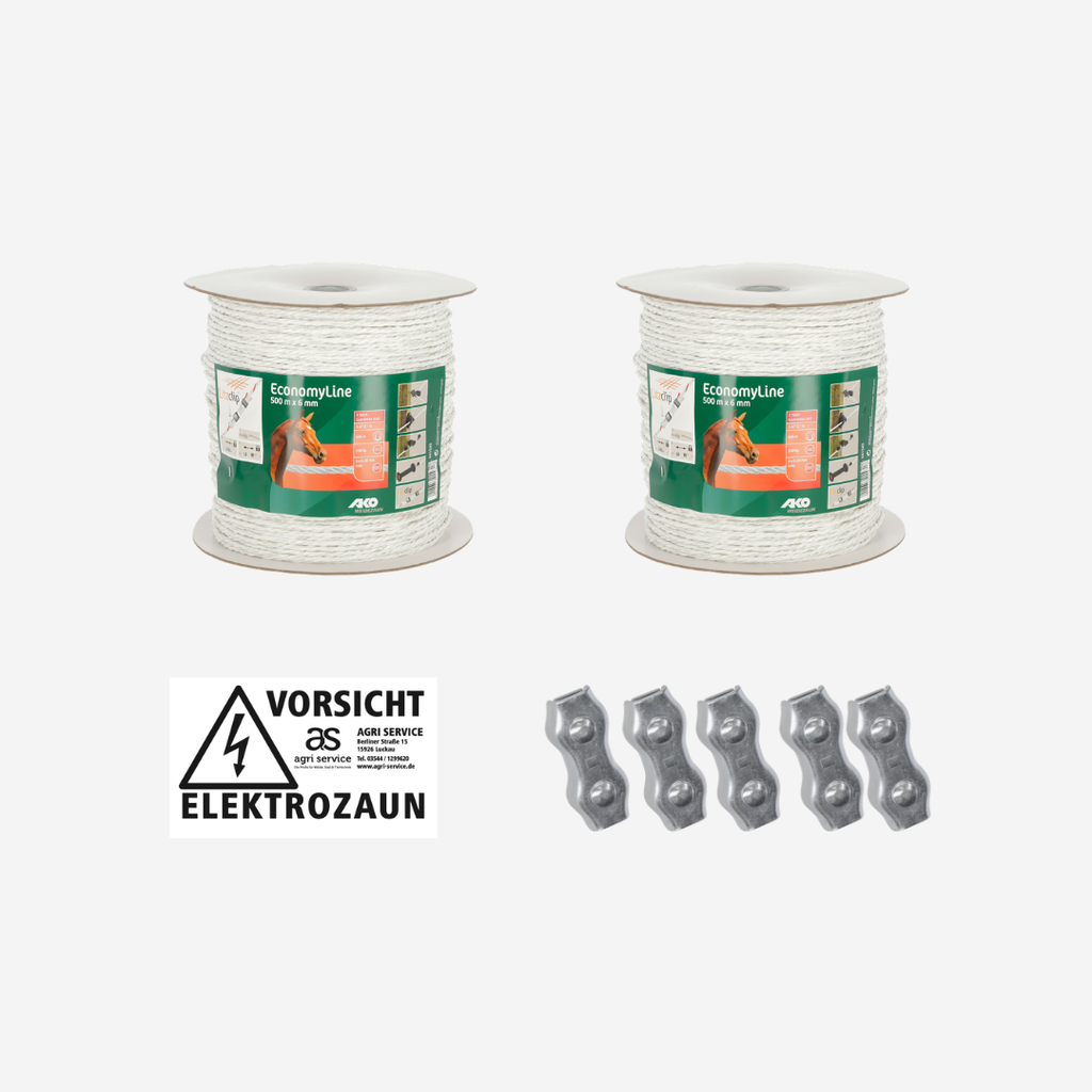 2x Weidezaunseil 500m, 6mm, 6x0,20 Niro, Inkl. 5 Verbinder & Warnschild