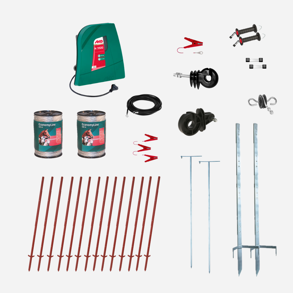 Rinderzaun 230V Set, zwei Reihen, ein Tor, Winkelstahlpfähle