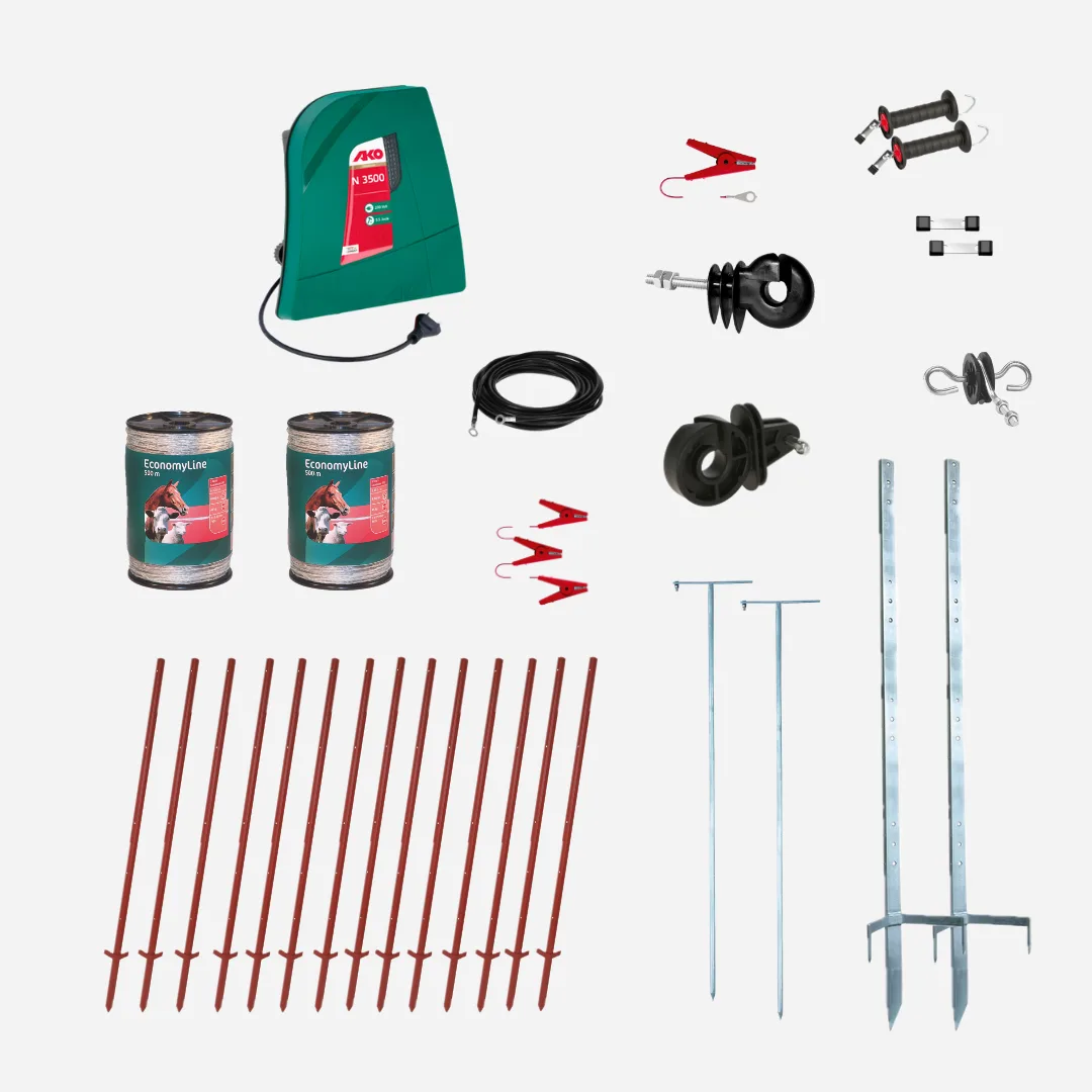Rinderzaun 230V Set, zwei Reihen, ein Tor, Winkelstahlpfähle