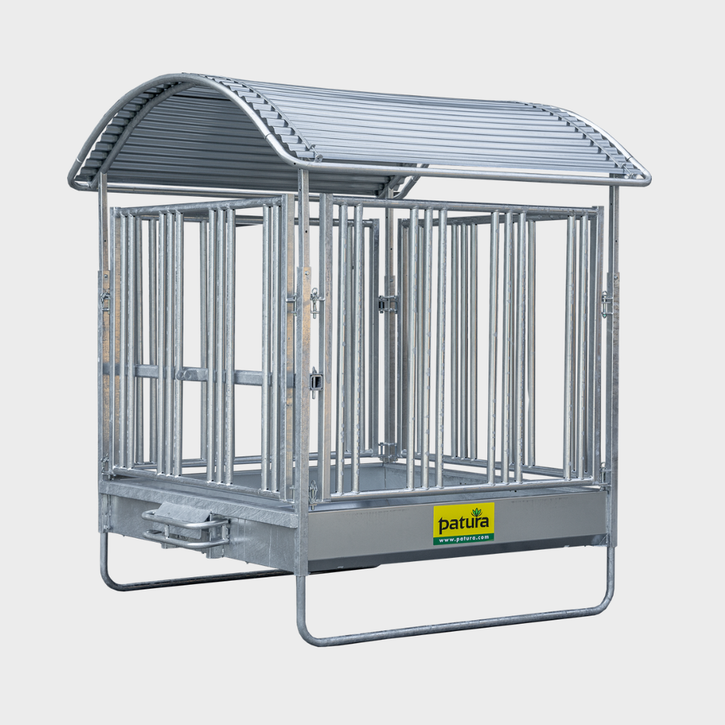 Profi-Viereckraufe mit Sicherheits-Pferdefressgittern und Dach