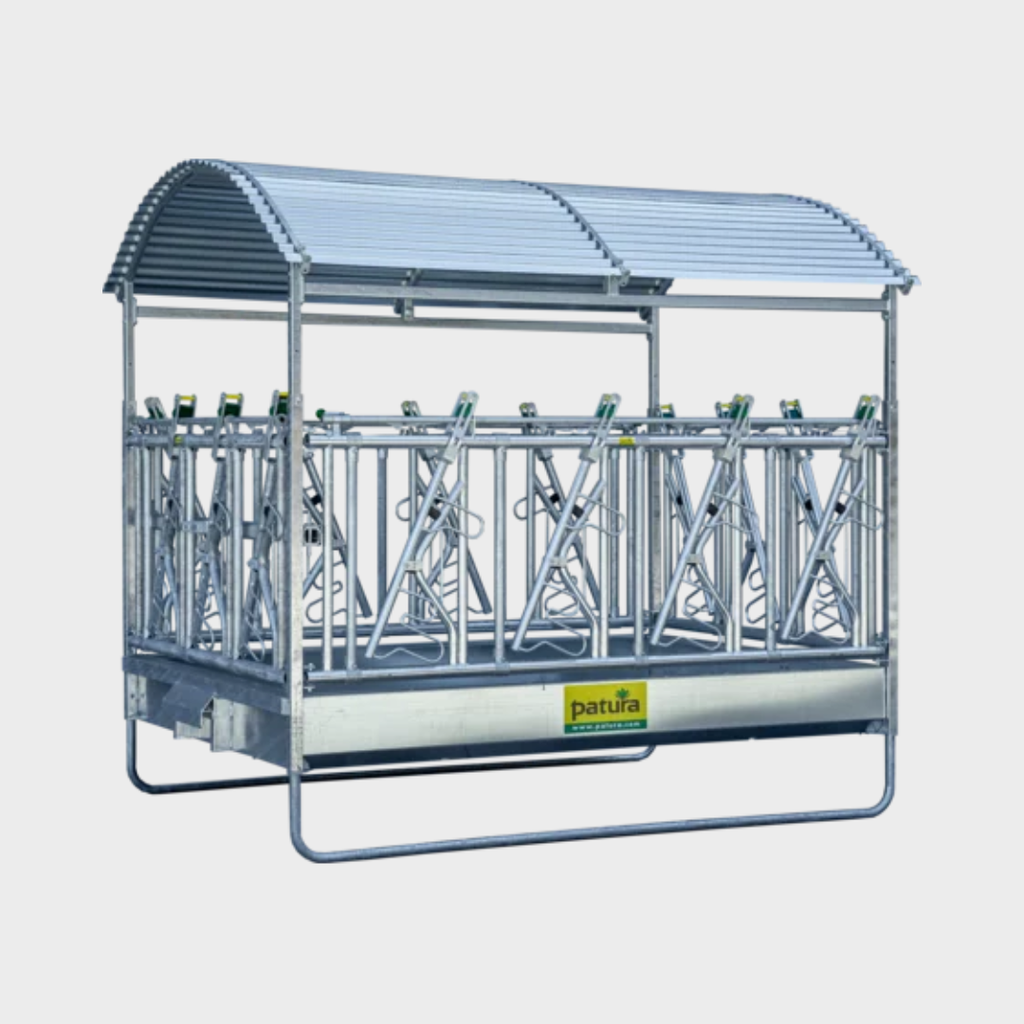 Großballenraufe mit Sicherheits- Fangfressgittern und Dach